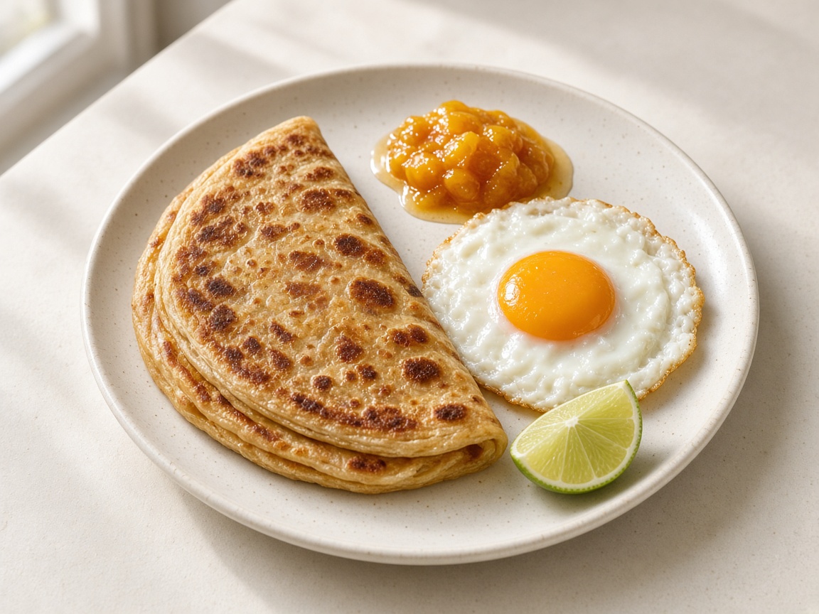 Paratha, egg and mango chutney for breakfast