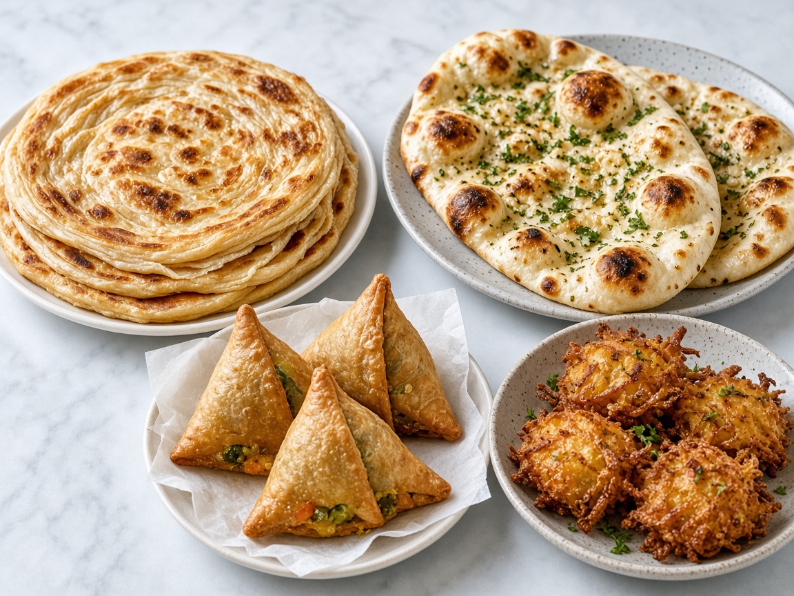 Paratha, naan, samosas and onion bhajis