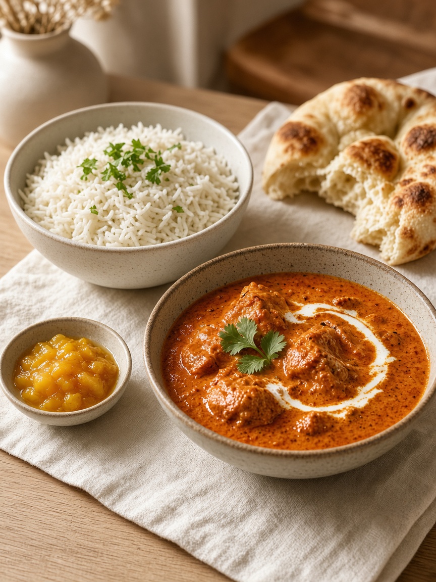 Basmati, butter chicken and naan set for a home table