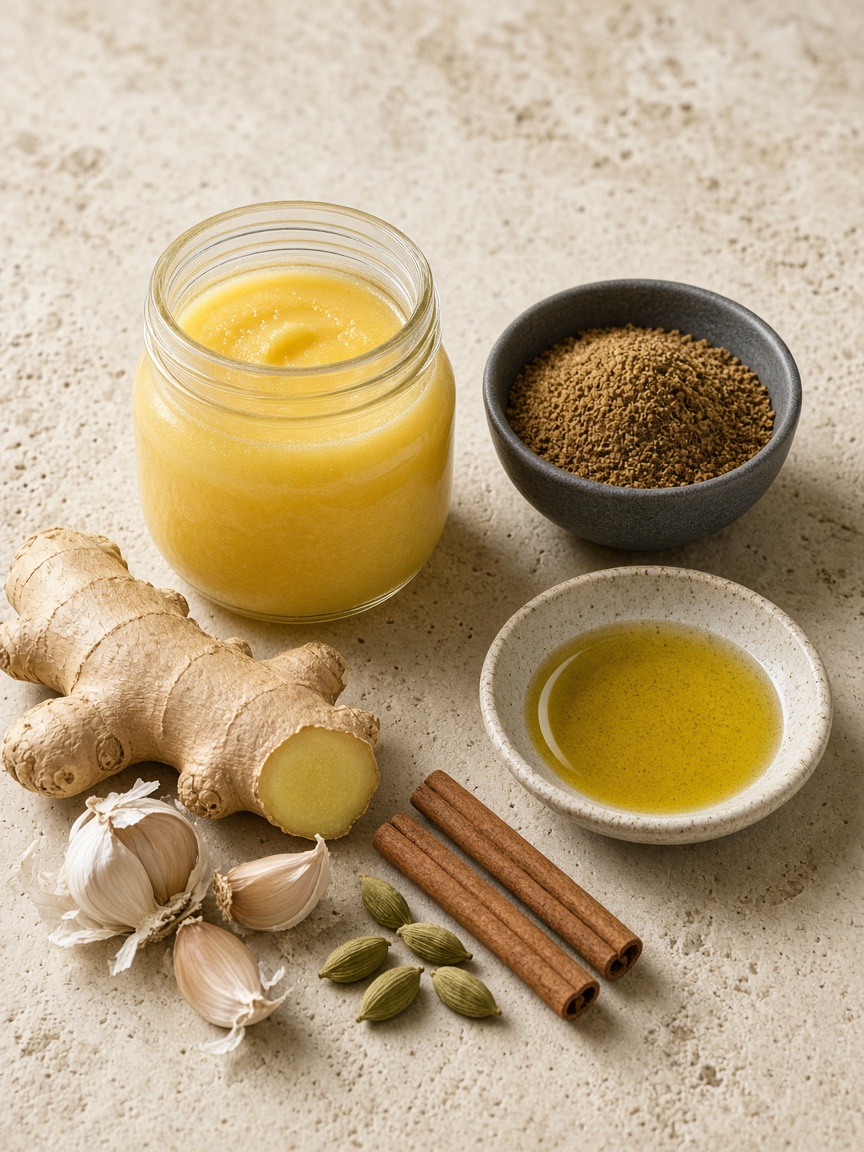 Ghee, garam masala, ginger and garlic