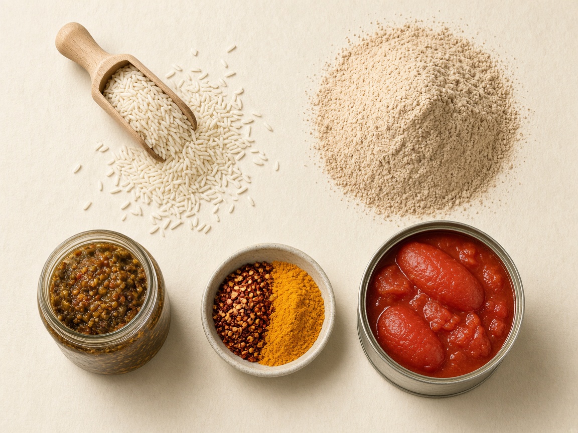 Rice, atta, spices and tomatoes