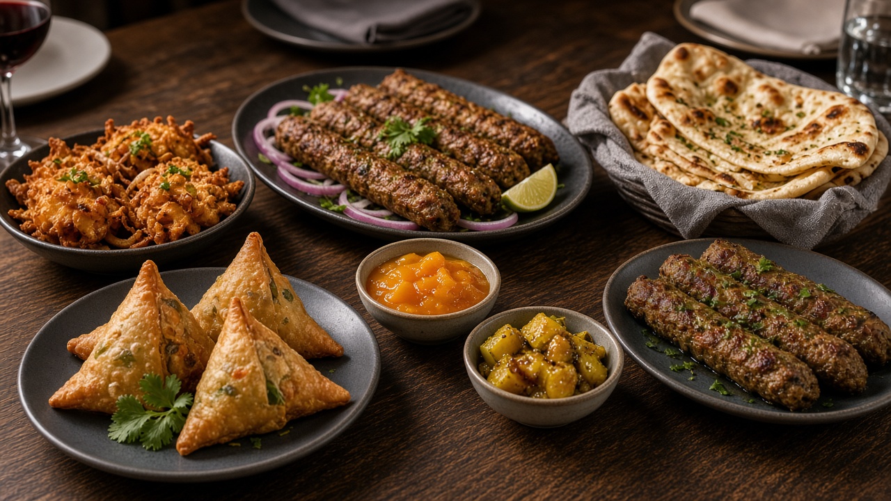 Samosas, kebabs, naan and chutney laid out to share