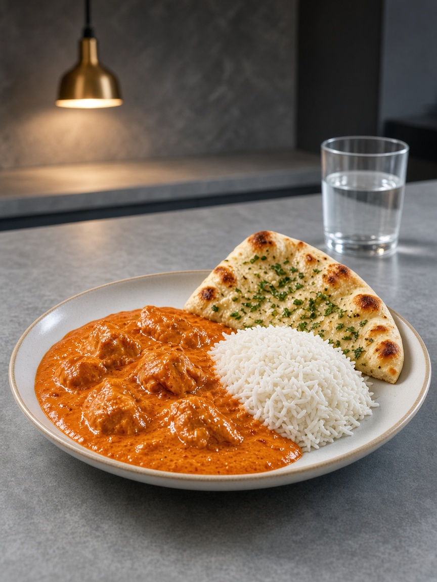 Chicken tikka masala with rice and naan